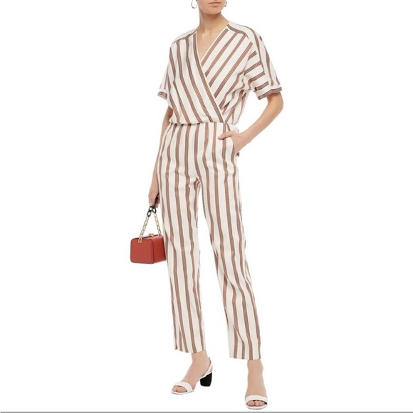NWT Maje Pieni Striped Wrap Jumpsuit Short Sleeve Tan/White...